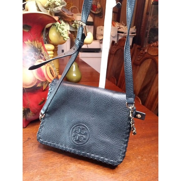 Tory Burch Marion Combo Black Leather Whipstitch Crossbody Bag W Gold Details - Picture 4 of 13